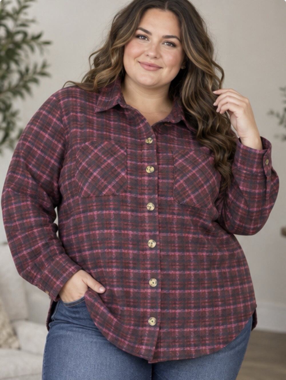 Terra & Sky Plaid Button Up Shirt Womens 0X 14W Burgundy Long Sleeve Pocket